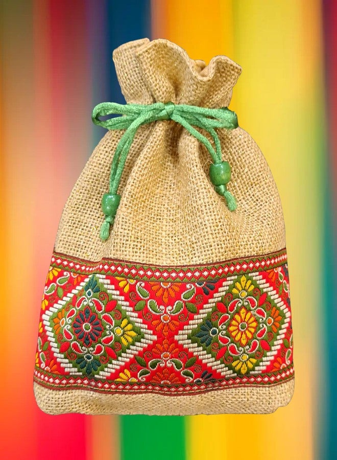 Fabjute حقائب بوتلي من الجوت الطبيعي من فابجوت مع بطانة للهدايا التذكارية (5 قطع، كل قطعة 9 × 7 بوصات) (حافة زاري خضراء) - Image 2